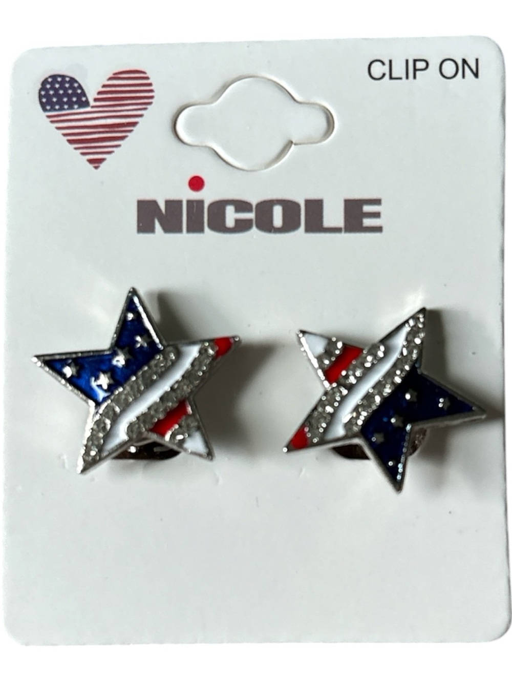 Nicole Star Clip-On Earrings in Red, White & Blue Silver Tone